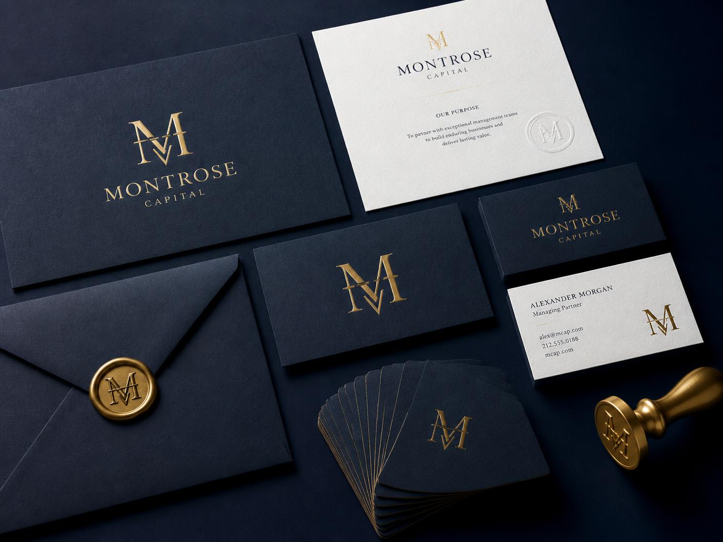 Montrose Capital — Gold-foil monogram identity system