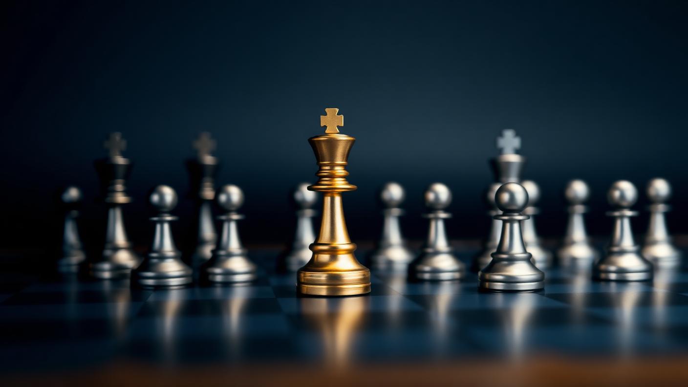 A chess board with a single gold piece standing out amongst silver pieces representing brand positioning strategy.
