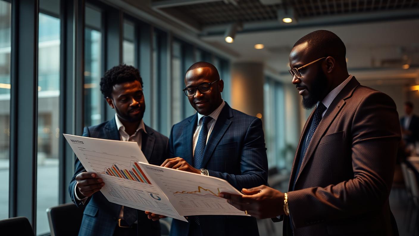 Business leaders reviewing growth charts in a modern glass office