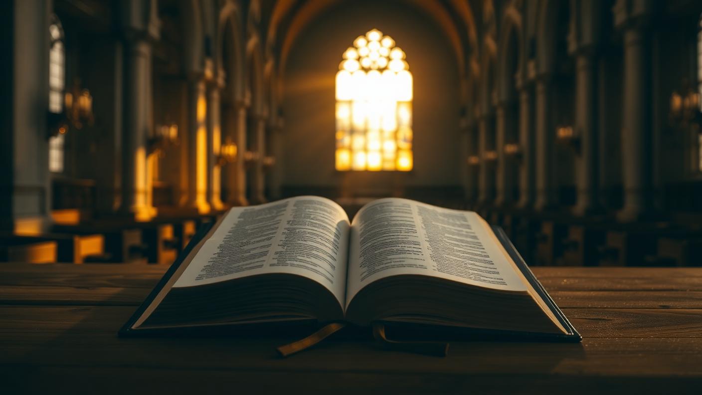 An open Bible on a wooden table lit by warm light through a cathedral window