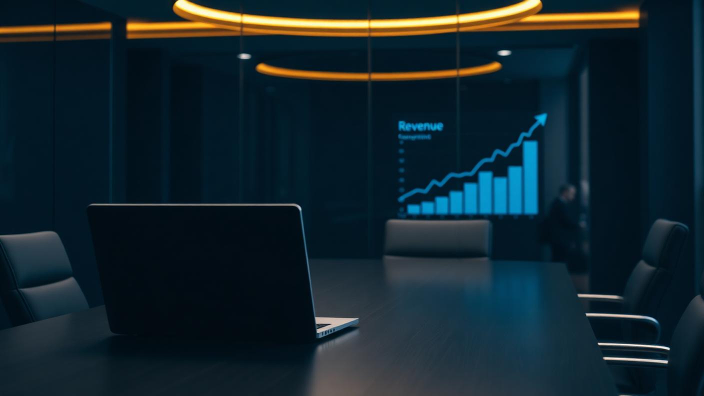 A business professional reviewing a dashboard showing upward revenue growth trends.