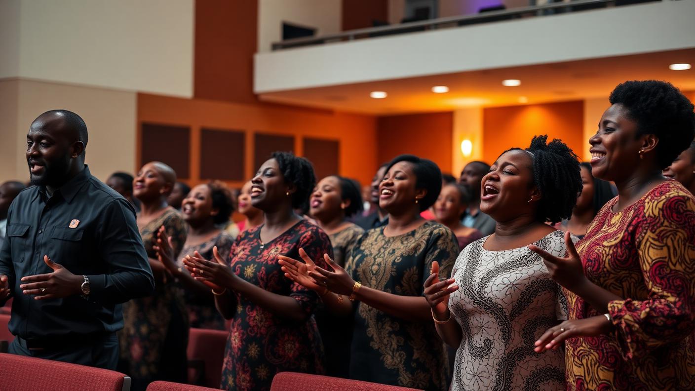 A gospel choir singing in a modern church auditorium